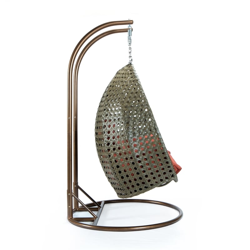 LeisureMod Outdoor Beige Wicker Hanging Double Egg Swing Chair in Dark Orange