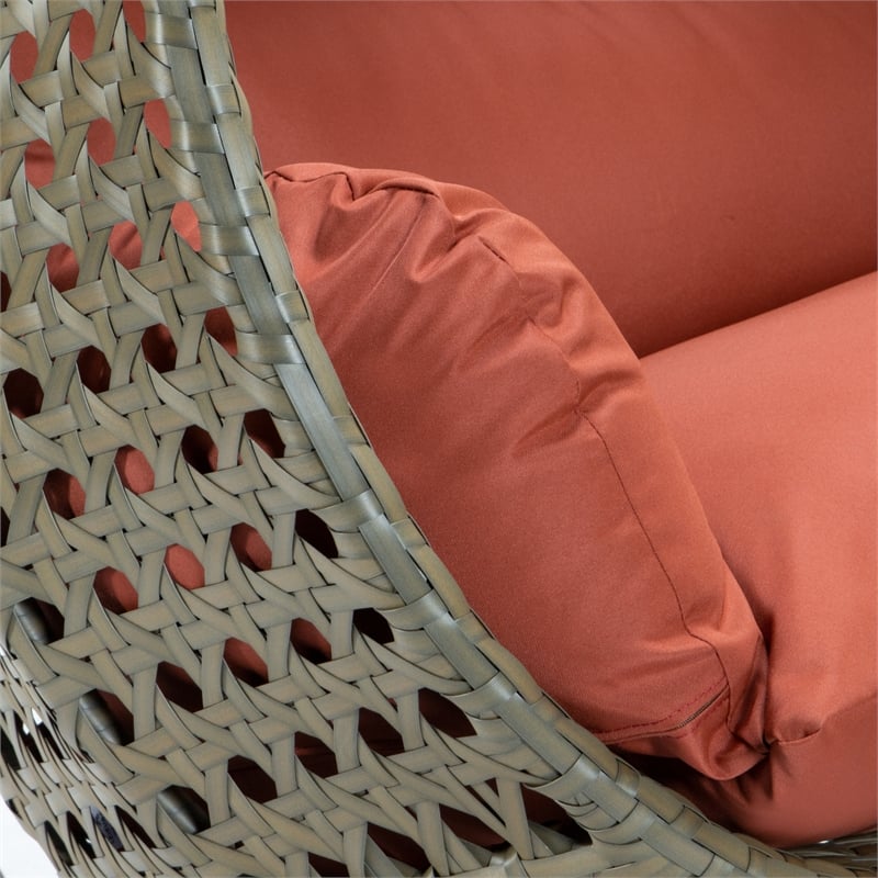 LeisureMod Outdoor Beige Wicker Hanging Double Egg Swing Chair in Dark Orange