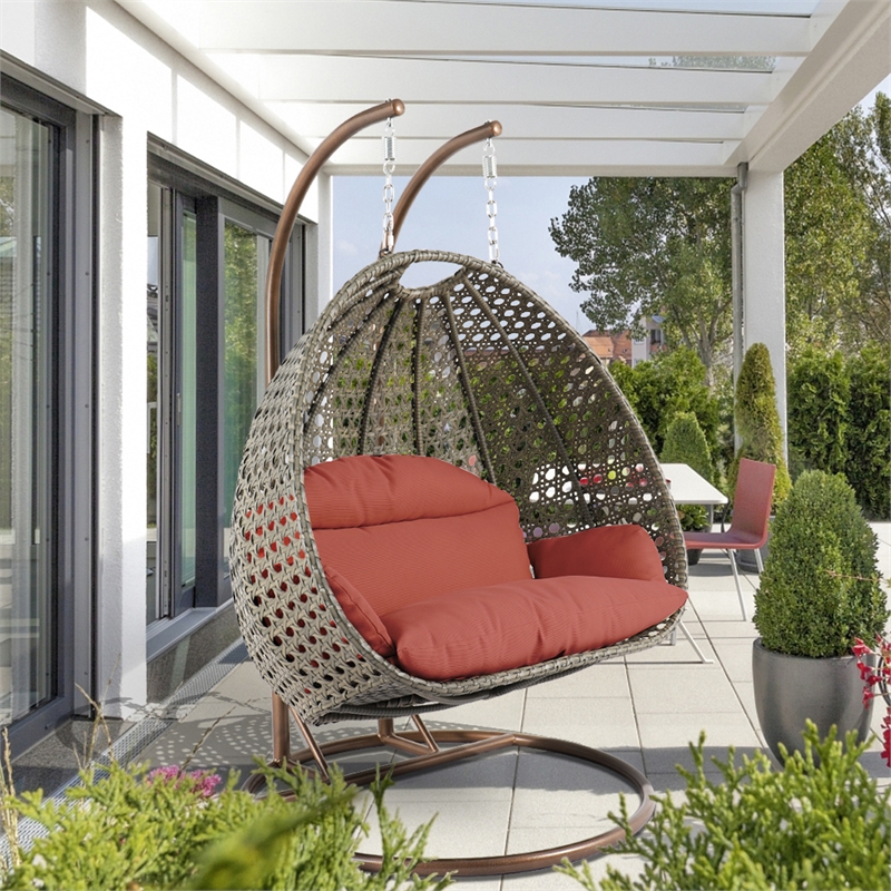 LeisureMod Outdoor Beige Wicker Hanging Double Egg Swing Chair in Dark Orange
