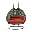 LeisureMod Outdoor Beige Wicker Hanging Double Egg Swing Chair in Dark Orange