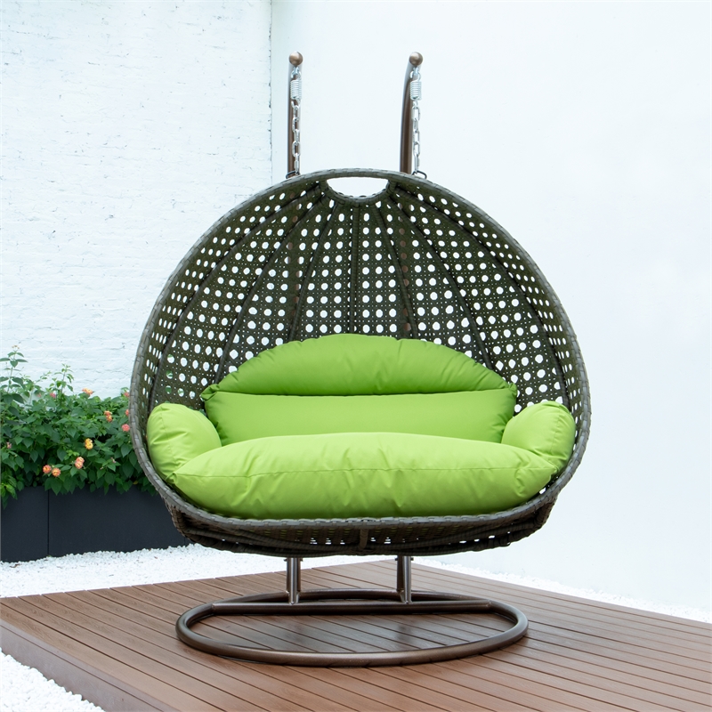 LeisureMod Outdoor Beige Wicker Hanging Double Egg Swing Chair in Light Green