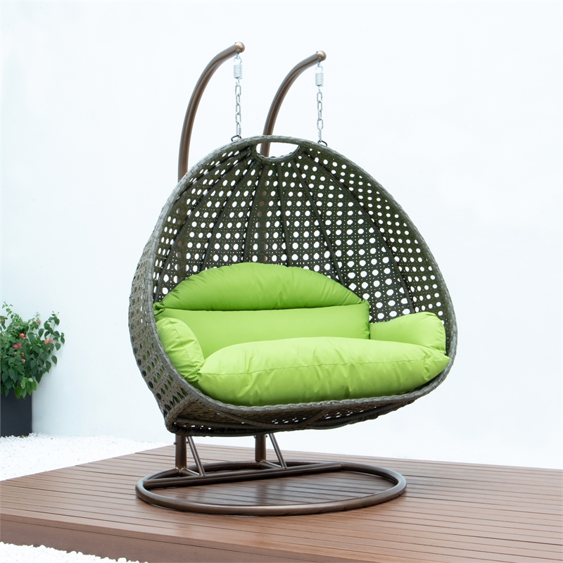 LeisureMod Outdoor Beige Wicker Hanging Double Egg Swing Chair in Light Green