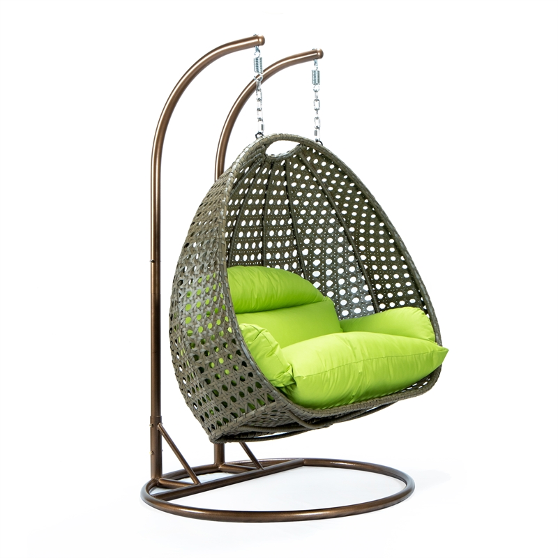 LeisureMod Outdoor Beige Wicker Hanging Double Egg Swing Chair in Light Green