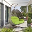 LeisureMod Outdoor Beige Wicker Hanging Double Egg Swing Chair in Light Green