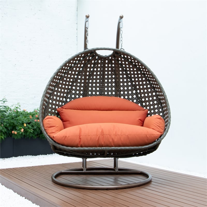 LeisureMod Outdoor Beige Wicker Hanging Double Egg Swing Chair in Orange