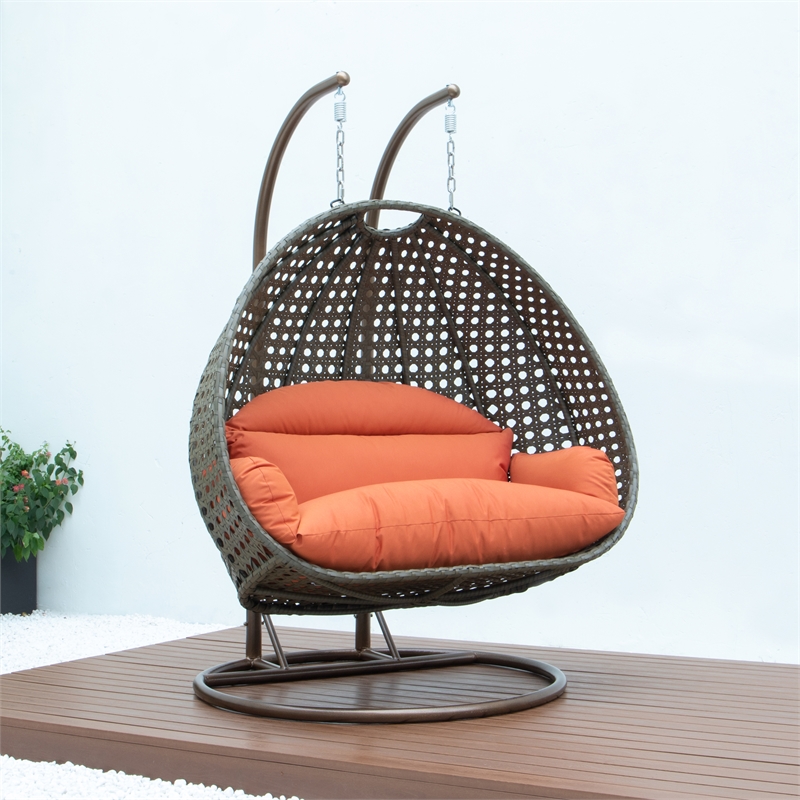 LeisureMod Outdoor Beige Wicker Hanging Double Egg Swing Chair in Orange