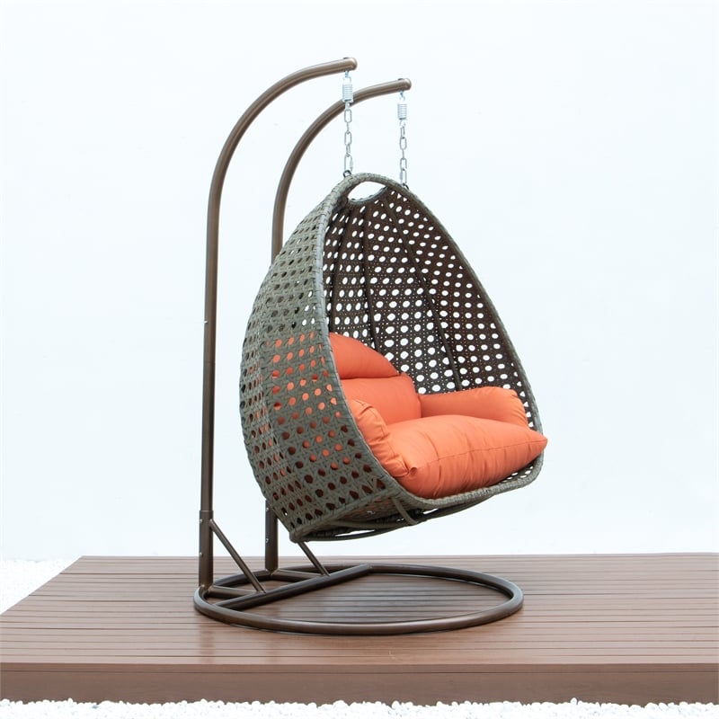 LeisureMod Outdoor Beige Wicker Hanging Double Egg Swing Chair in Orange