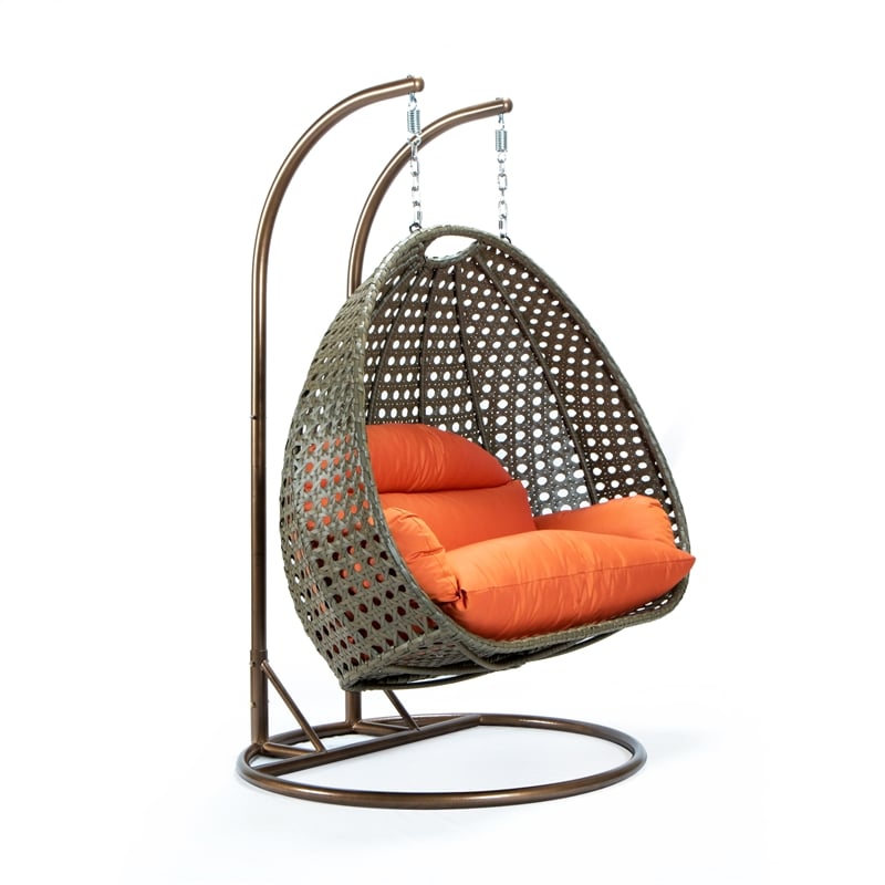 LeisureMod Outdoor Beige Wicker Hanging Double Egg Swing Chair in Orange