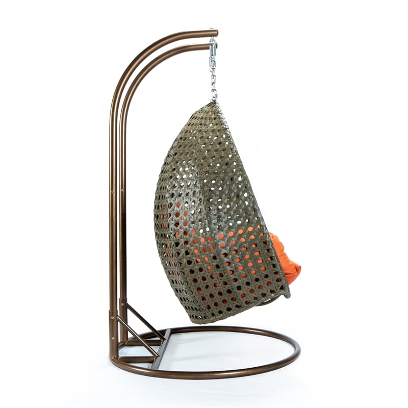 LeisureMod Outdoor Beige Wicker Hanging Double Egg Swing Chair in Orange