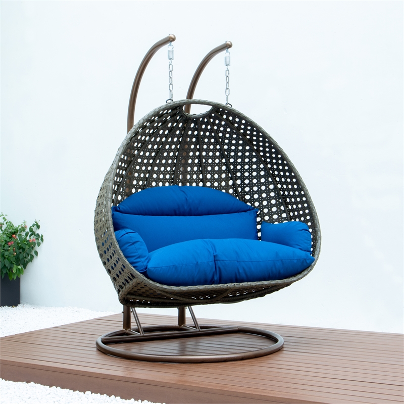 LeisureMod Outdoor Beige Wicker Hanging Double Egg Swing Chair in Blue