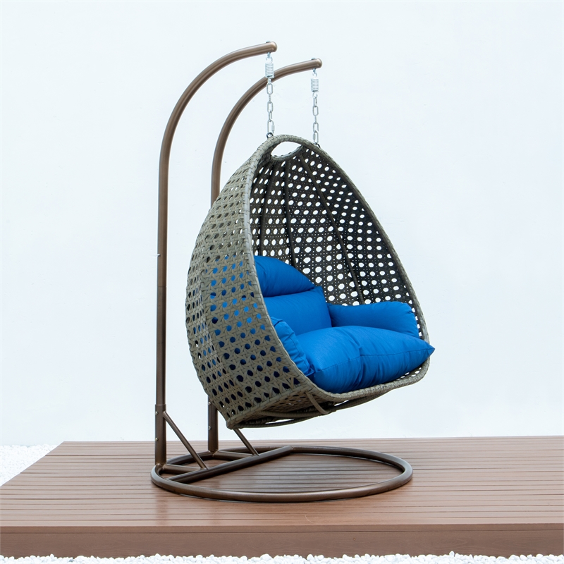 LeisureMod Outdoor Beige Wicker Hanging Double Egg Swing Chair in Blue