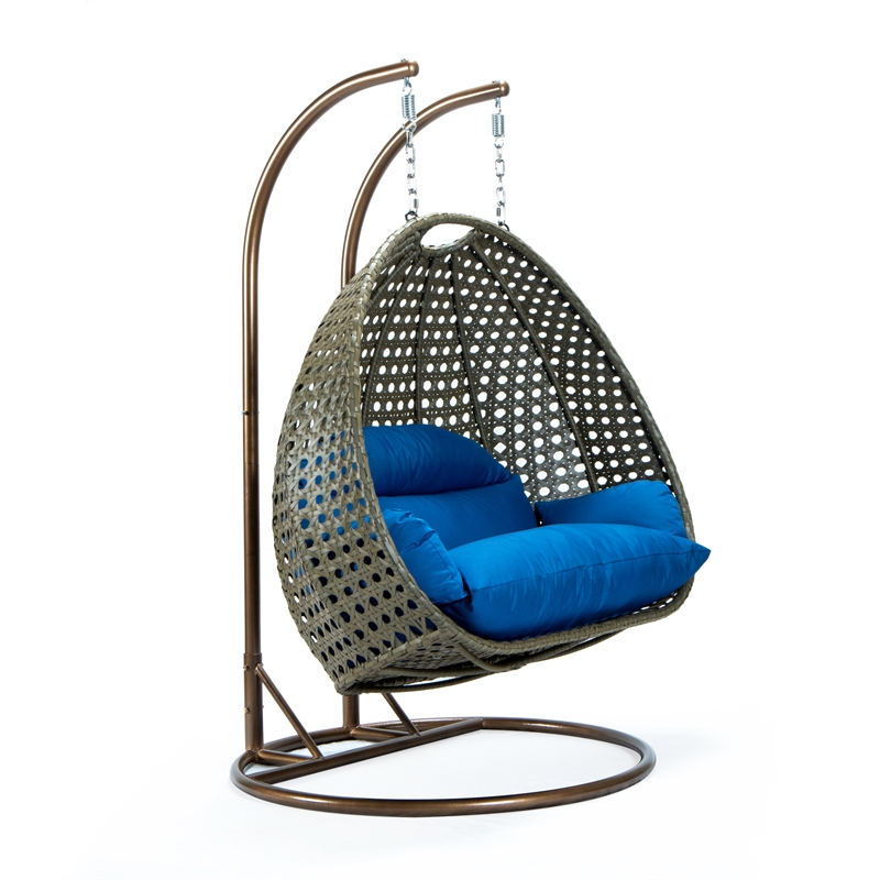 LeisureMod Outdoor Beige Wicker Hanging Double Egg Swing Chair in Blue