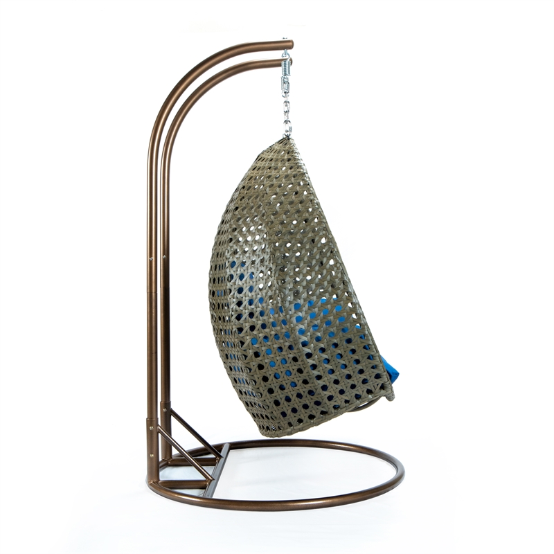 LeisureMod Outdoor Beige Wicker Hanging Double Egg Swing Chair in Blue