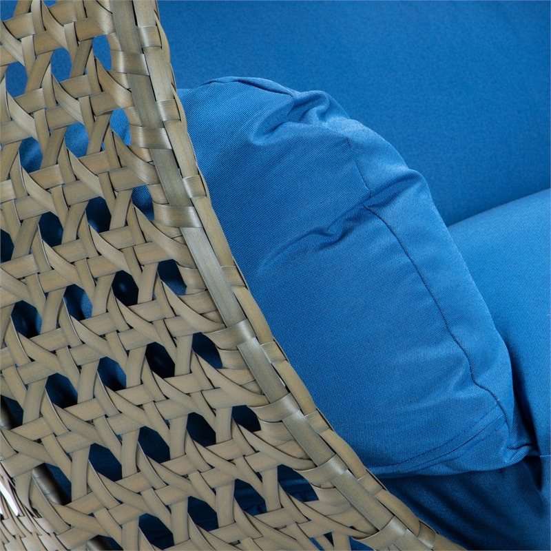 LeisureMod Outdoor Beige Wicker Hanging Double Egg Swing Chair in Blue