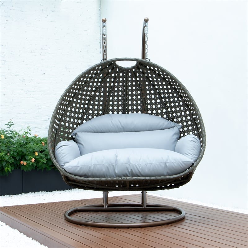 LeisureMod Outdoor Beige Wicker Hanging Double Egg Swing Chair in Light Gray