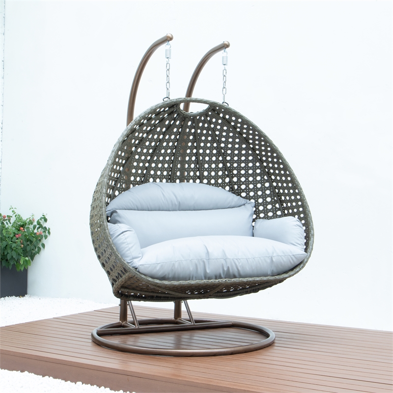 LeisureMod Outdoor Beige Wicker Hanging Double Egg Swing Chair in Light Gray