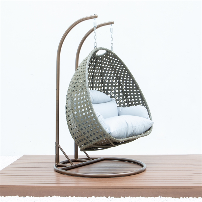 LeisureMod Outdoor Beige Wicker Hanging Double Egg Swing Chair in Light Gray