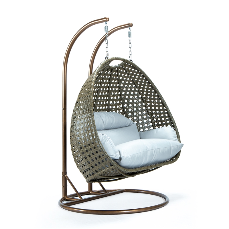 LeisureMod Outdoor Beige Wicker Hanging Double Egg Swing Chair in Light Gray