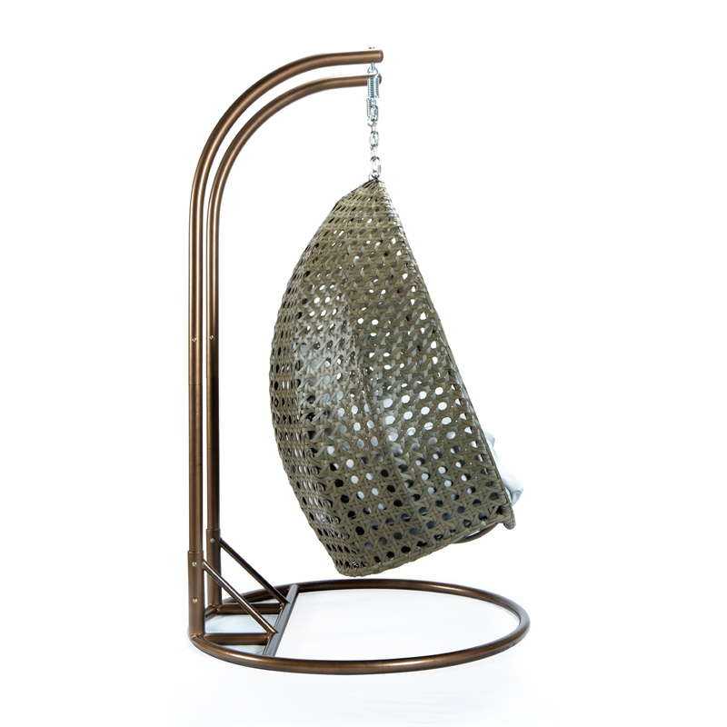 LeisureMod Outdoor Beige Wicker Hanging Double Egg Swing Chair in Light Gray