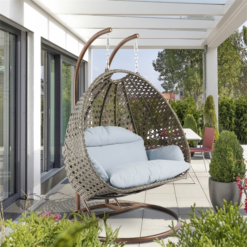 LeisureMod Outdoor Beige Wicker Hanging Double Egg Swing Chair in Light Gray