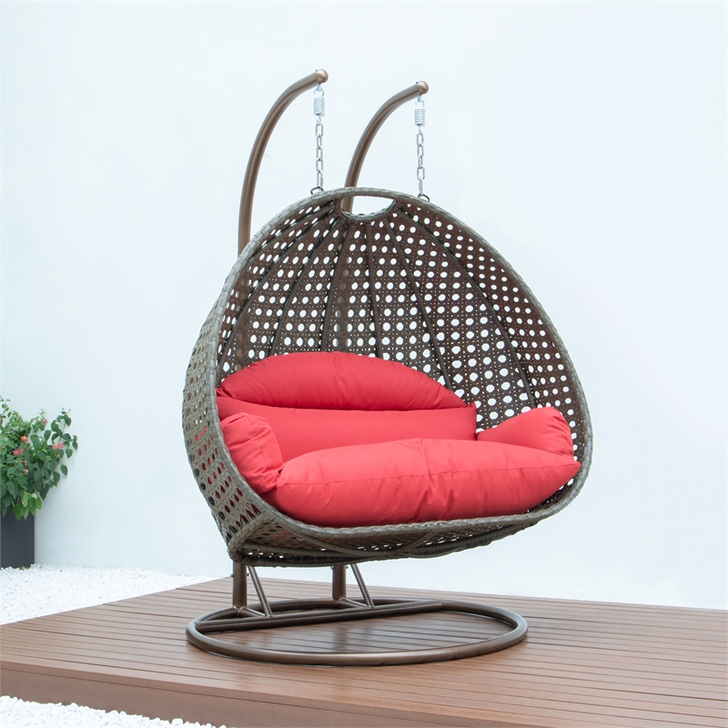 LeisureMod Outdoor Beige Wicker Hanging Double Egg Swing Chair in Red