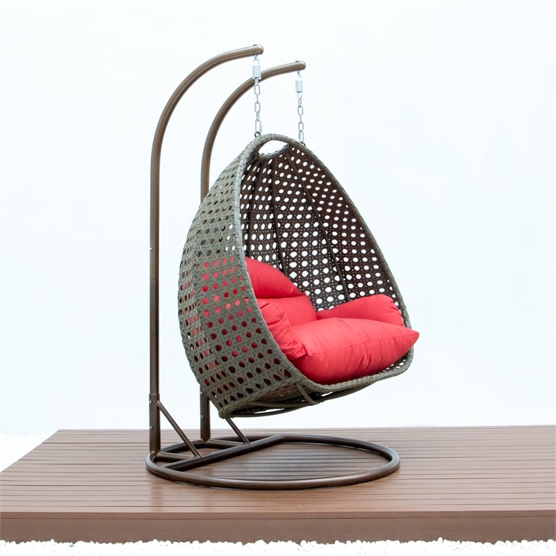 LeisureMod Outdoor Beige Wicker Hanging Double Egg Swing Chair in Red