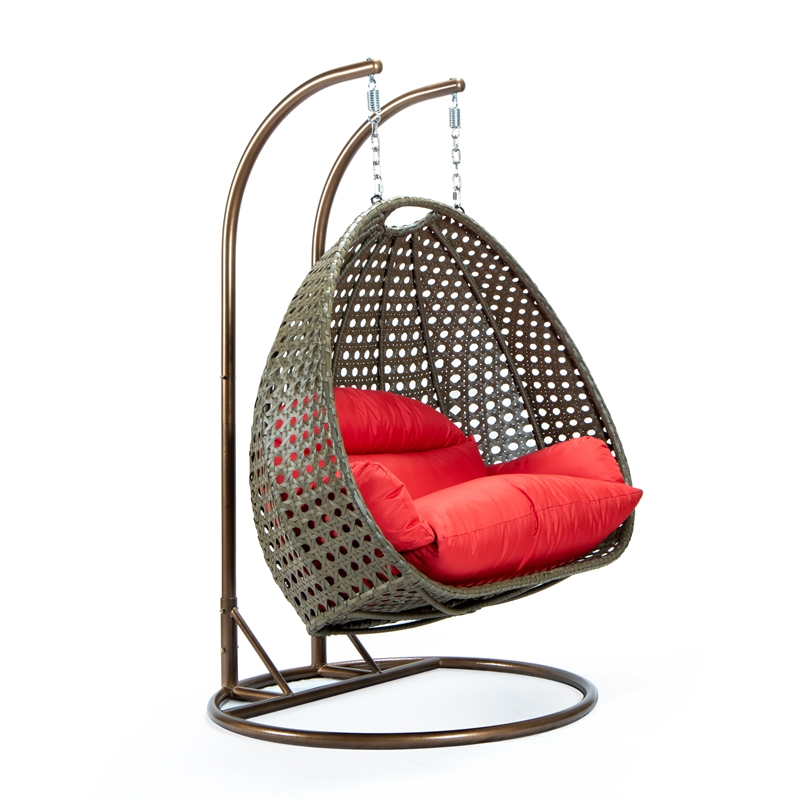 LeisureMod Outdoor Beige Wicker Hanging Double Egg Swing Chair in Red