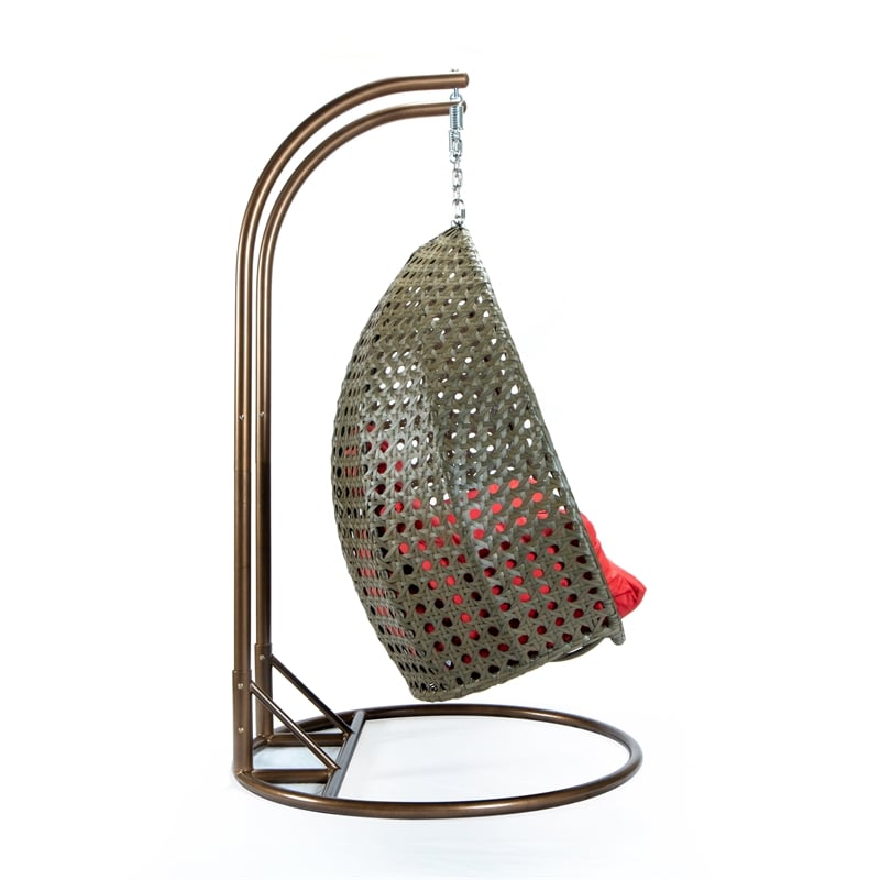 LeisureMod Outdoor Beige Wicker Hanging Double Egg Swing Chair in Red