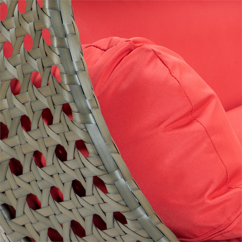 LeisureMod Outdoor Beige Wicker Hanging Double Egg Swing Chair in Red