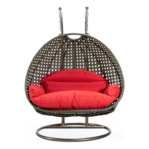 LeisureMod Outdoor Beige Wicker Hanging Double Egg Swing Chair in Red