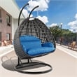 LeisureMod Outdoor Charcoal Wicker Hanging Double Egg Swing Chair in Blue