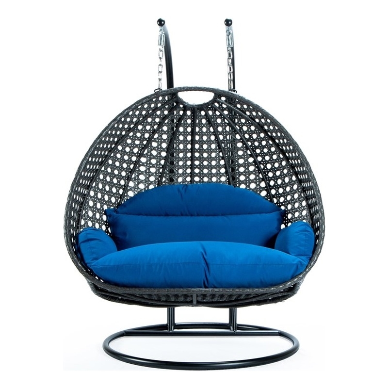 LeisureMod Outdoor Charcoal Wicker Hanging Double Egg Swing Chair in Blue