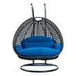 LeisureMod Outdoor Charcoal Wicker Hanging Double Egg Swing Chair in Blue
