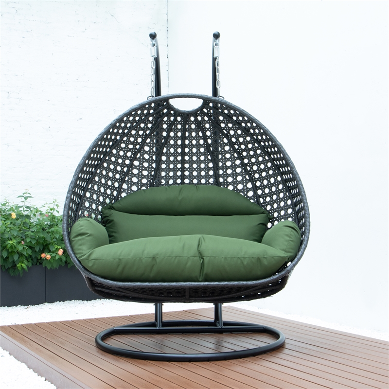 LeisureMod Outdoor Charcoal Wicker Hanging Double Egg Swing Chair in Dark Green