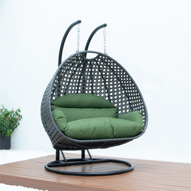 LeisureMod Outdoor Charcoal Wicker Hanging Double Egg Swing Chair in Dark Green