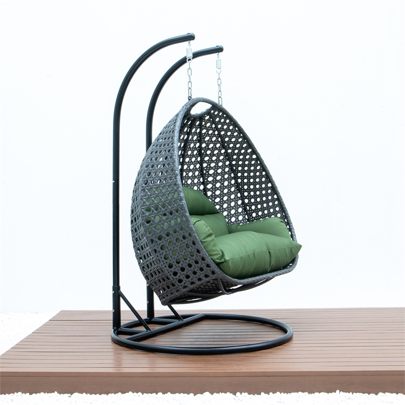 LeisureMod Outdoor Charcoal Wicker Hanging Double Egg Swing Chair in Dark Green