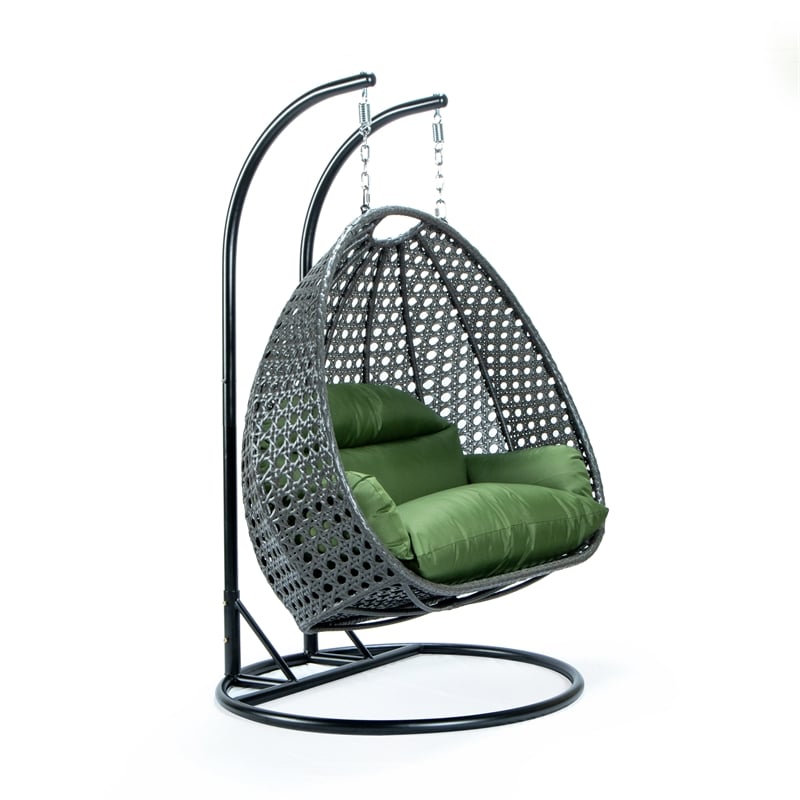 LeisureMod Outdoor Charcoal Wicker Hanging Double Egg Swing Chair in Dark Green