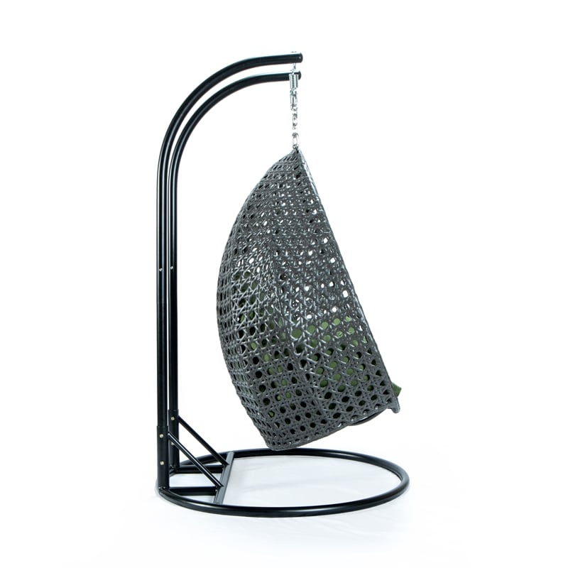 LeisureMod Outdoor Charcoal Wicker Hanging Double Egg Swing Chair in Dark Green