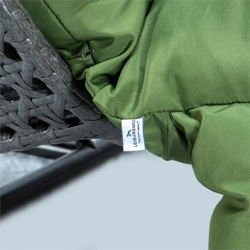 LeisureMod Outdoor Charcoal Wicker Hanging Double Egg Swing Chair in Dark Green