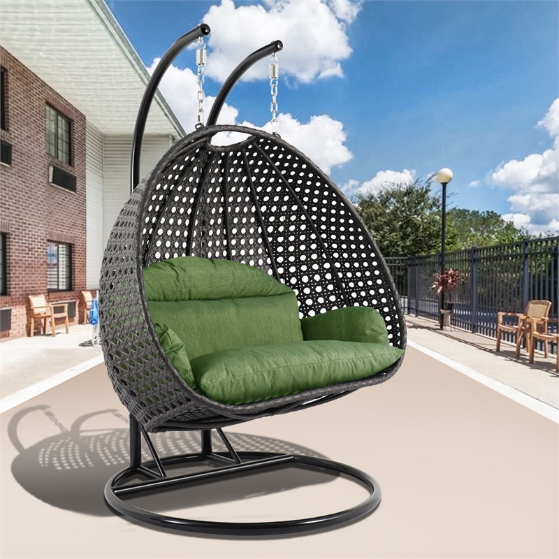 LeisureMod Outdoor Charcoal Wicker Hanging Double Egg Swing Chair in Dark Green