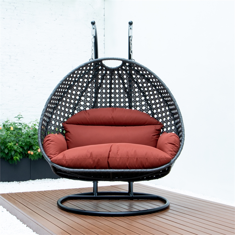 LeisureMod Outdoor Charcoal Wicker Hanging Double Egg Swing Chair in Dark Orange
