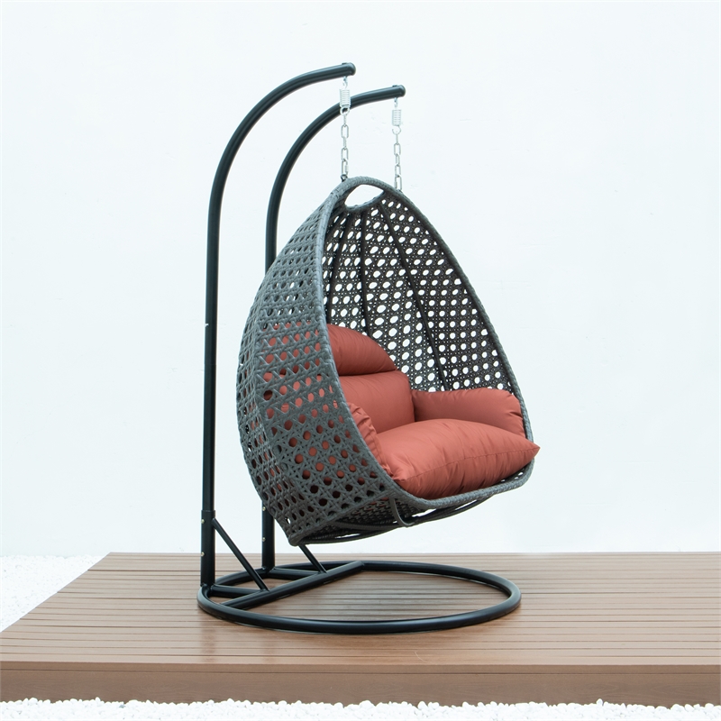 LeisureMod Outdoor Charcoal Wicker Hanging Double Egg Swing Chair in Dark Orange