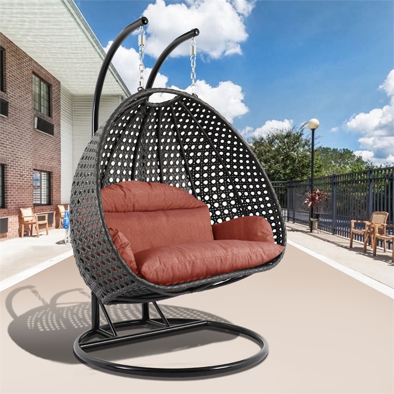 LeisureMod Outdoor Charcoal Wicker Hanging Double Egg Swing Chair in Dark Orange