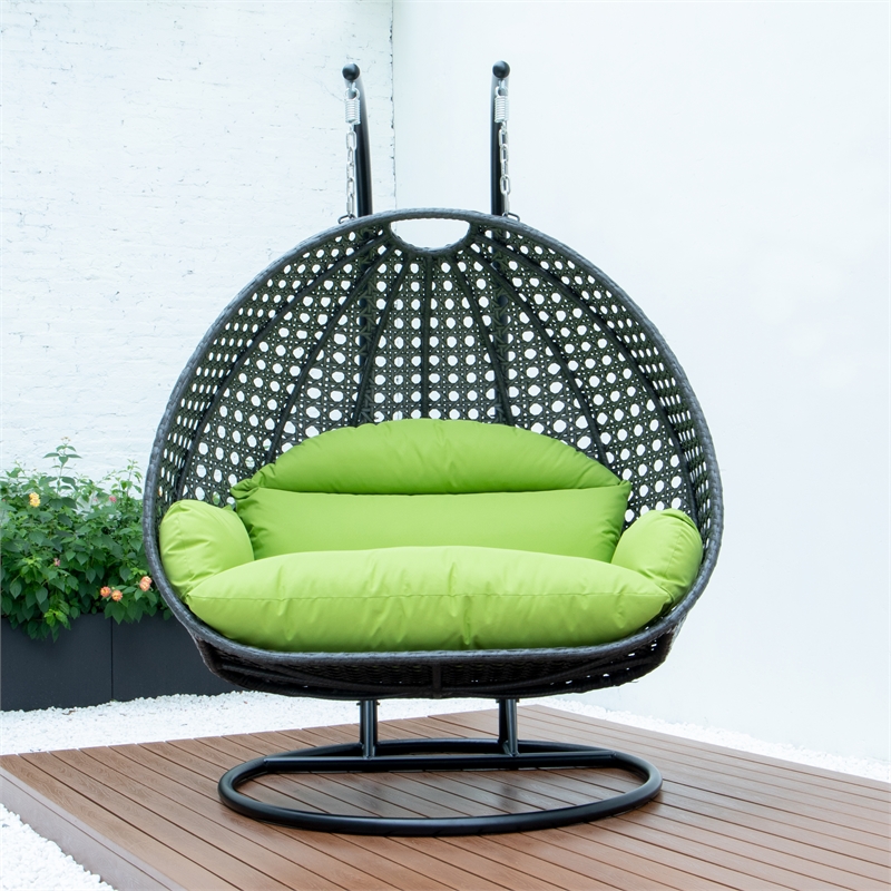 LeisureMod Outdoor Charcoal Wicker Hanging Double Egg Swing Chair in Light Green