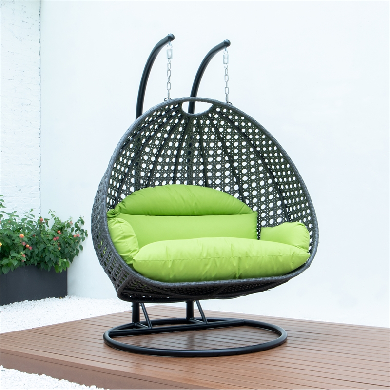 LeisureMod Outdoor Charcoal Wicker Hanging Double Egg Swing Chair in Light Green