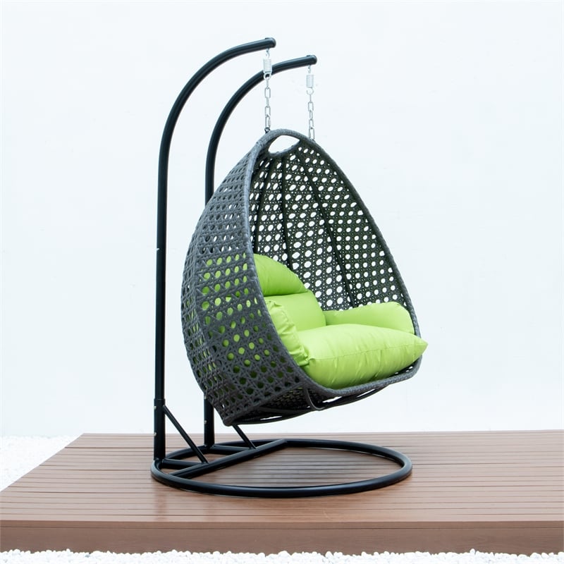LeisureMod Outdoor Charcoal Wicker Hanging Double Egg Swing Chair in Light Green