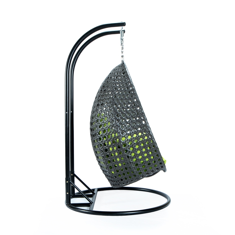 LeisureMod Outdoor Charcoal Wicker Hanging Double Egg Swing Chair in Light Green