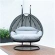 LeisureMod Outdoor Charcoal Wicker Hanging Double Egg Swing Chair in Light Gray
