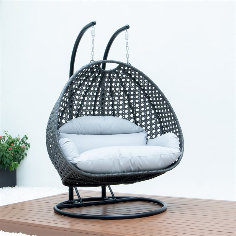 LeisureMod Outdoor Charcoal Wicker Hanging Double Egg Swing Chair in Light Gray