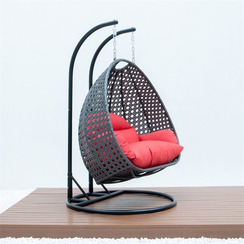 LeisureMod Outdoor Charcoal Wicker Hanging Double Egg Swing Chair in Red